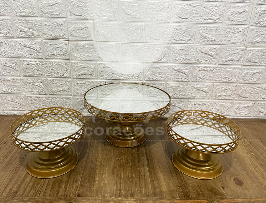 Trio de Boleiras Porta Doces Espelhada Redonda em Dourado